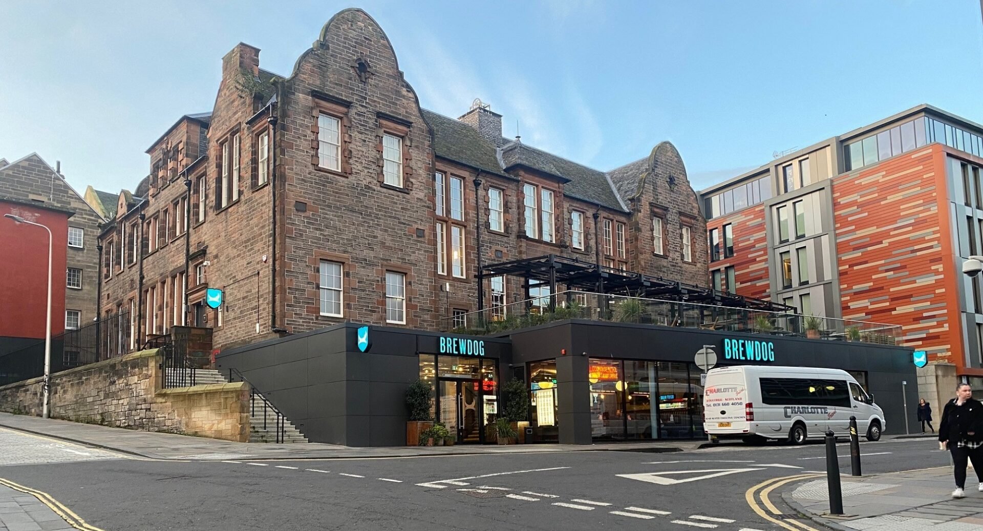 Exterior of Brewdog and Doghouse Hotel showing the roof terrace