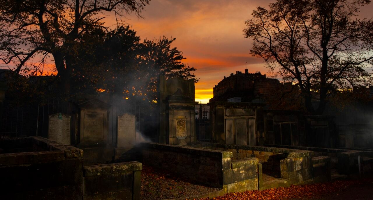 Greyfrairs Graveyard sunset and fog