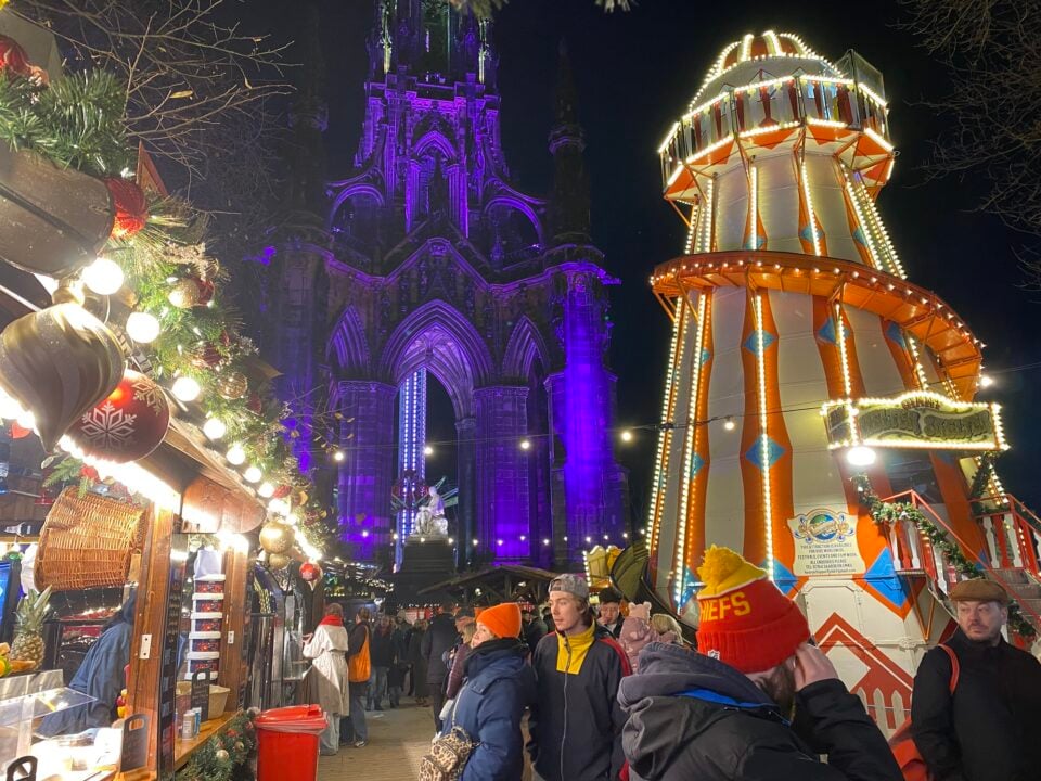 Christmas Market Image of Show Lights and Scott's Monument