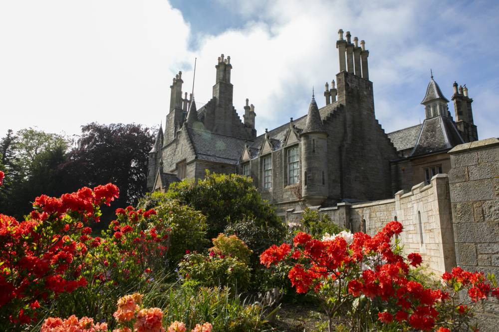 Lauriston Castle with Azalea bush with red flowers