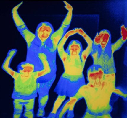 A group of people in colours of blue, yellow and red, to show hot and cold. In the Thermal Camera exhibit at Camera Obscura, Edinburgh, Camera Obscura & World of Illusions, Edinburgh