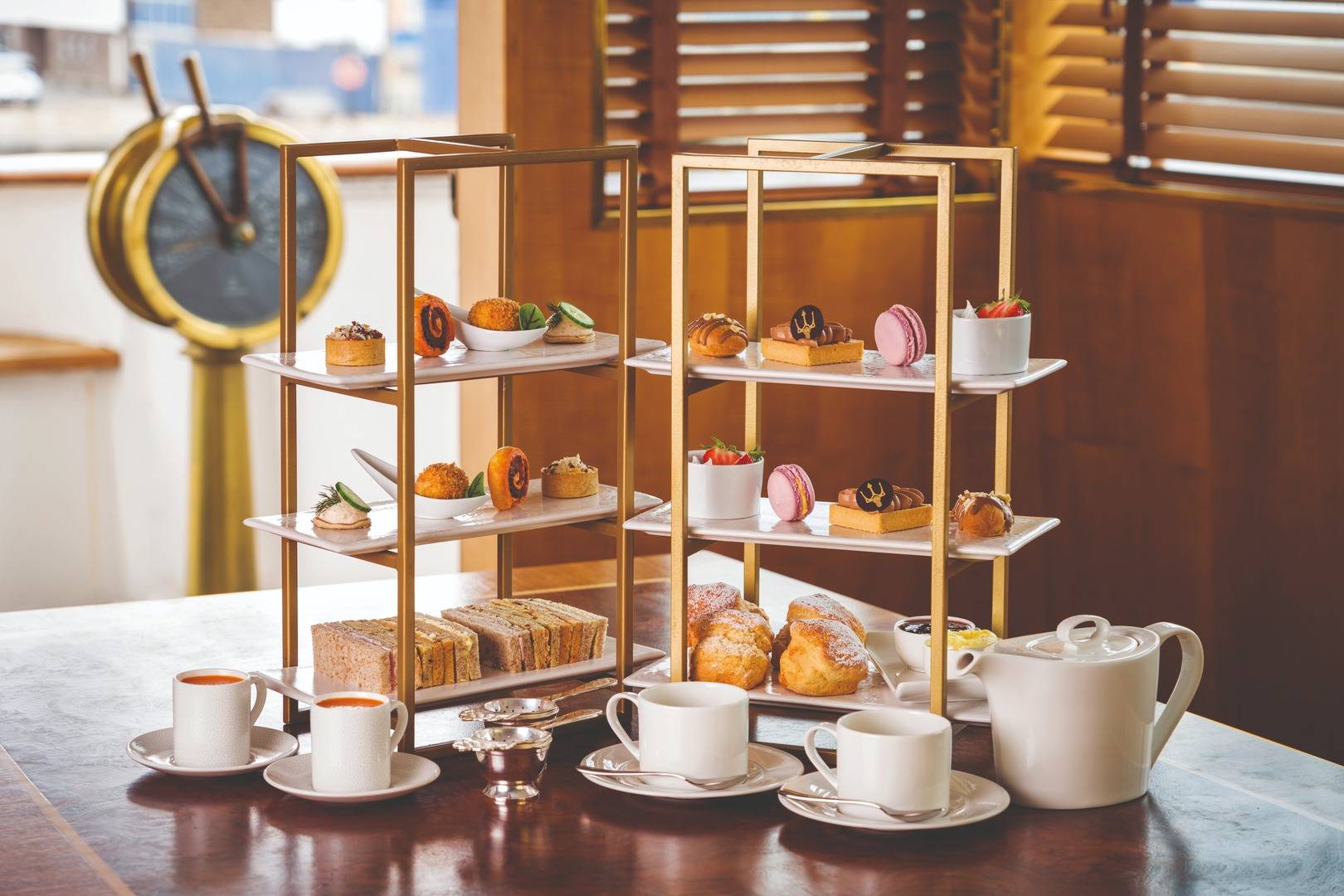 Two cake stands containing tiers of delicious sweet and savoury delicacies from Fingal's Afternoon Tea menu. , Brendan MacNeil