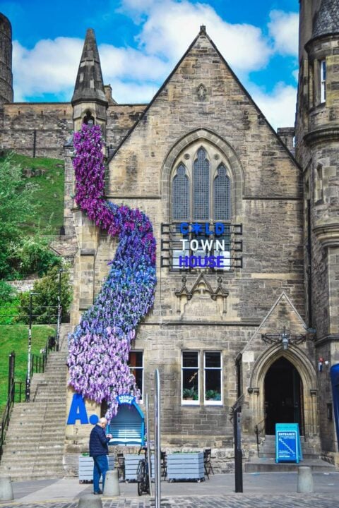 Image of old church-like building converted to Cold Town House with trail of purple and blue blossom down left side