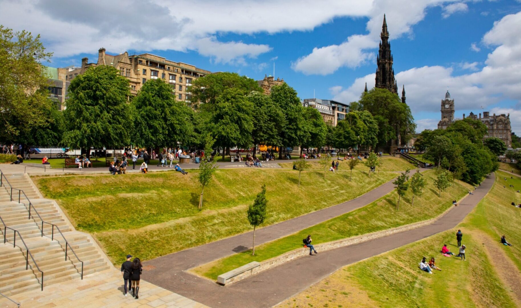A panoramic view of Princes Street Gardens on a sunny day.