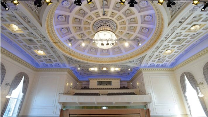 Ceiling and upper level seating in the Music Hall in Assembly Rooms