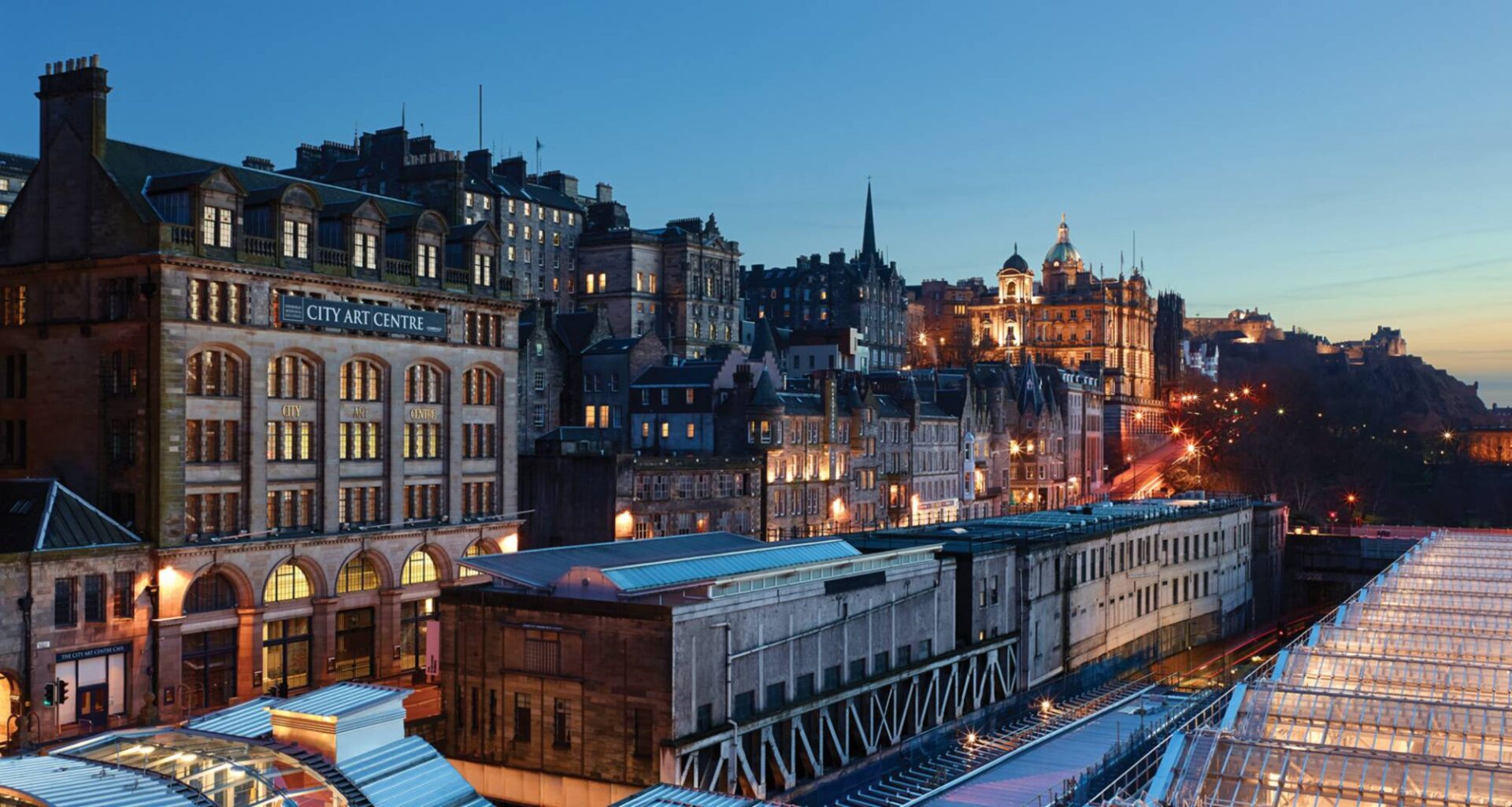 Rooftop view of Market Street and City Art Centre at night.