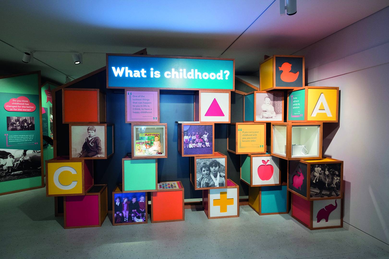 'What is Childhood?' displayed on giant blocks featured at entrance of Museum of Childhood.