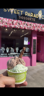 Ice cream held in front of Sweet Paradise Desserts store-front