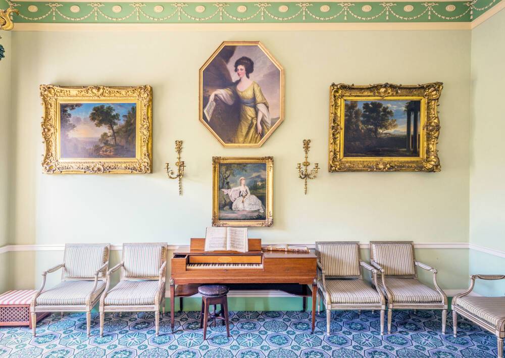 The Drawing Room, Georgian House. Paintings on the wall and a piano. , National Trust for Scotland