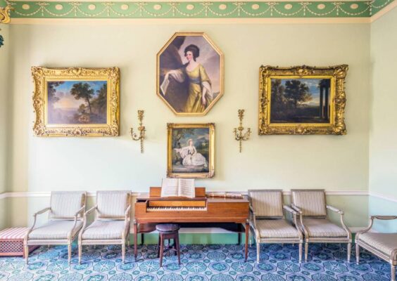 Drawing room, with grand paintings and a piano. ,© National Trust for Scotland