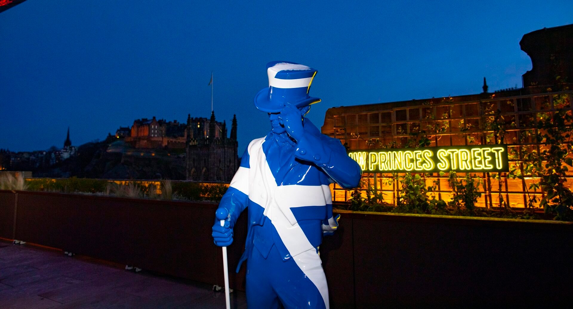 Night time rooftop view of Castle from  Johnnie Walker building