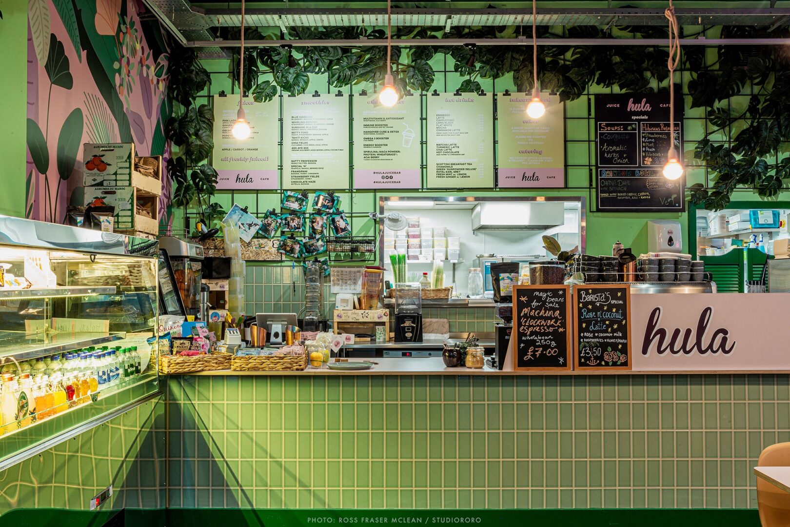 Hula Juice Cafe counter and menu board