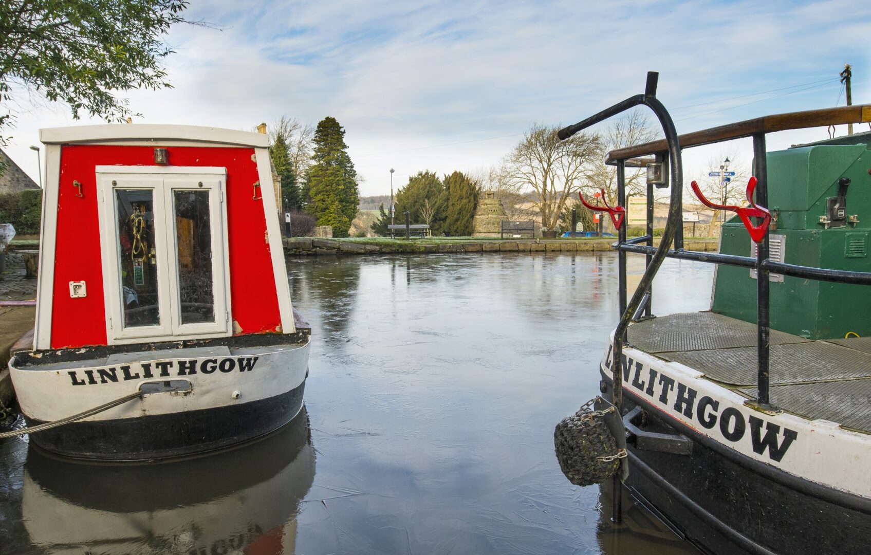 Barges moored at the Linlithgow Canal Centre on the Union Canal