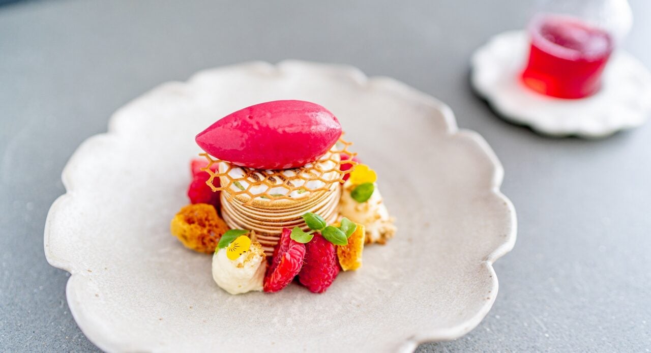 Delicate dessert containing pastry, raspberries and cinder toffee from The Kitchin restaurant.