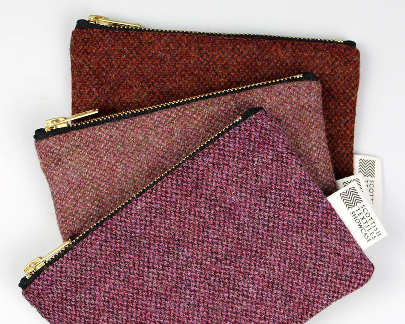 Borders tweed coin purses in a range of colours. ,© Scottish Textiles Showcase