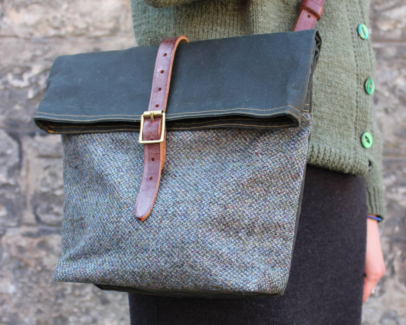 Waxed cotton and Harris Tweed cross-body bag, made exclusively for Scottish Textiles Showcase,© Scottish Textiles Showcase