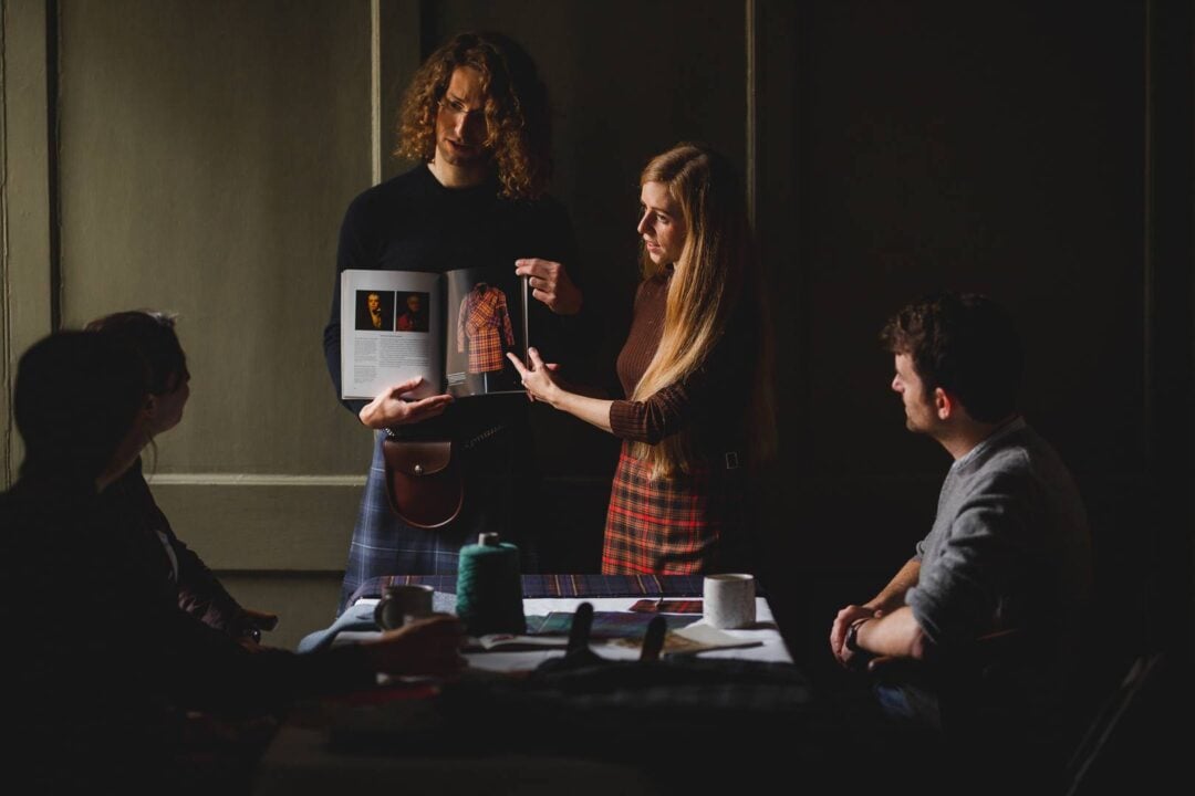 Mathilde and Jonathan, two artisan kiltmakers, telling the story of kilts through the ages during a private talk.,© Auld Alliance Kiltmakers