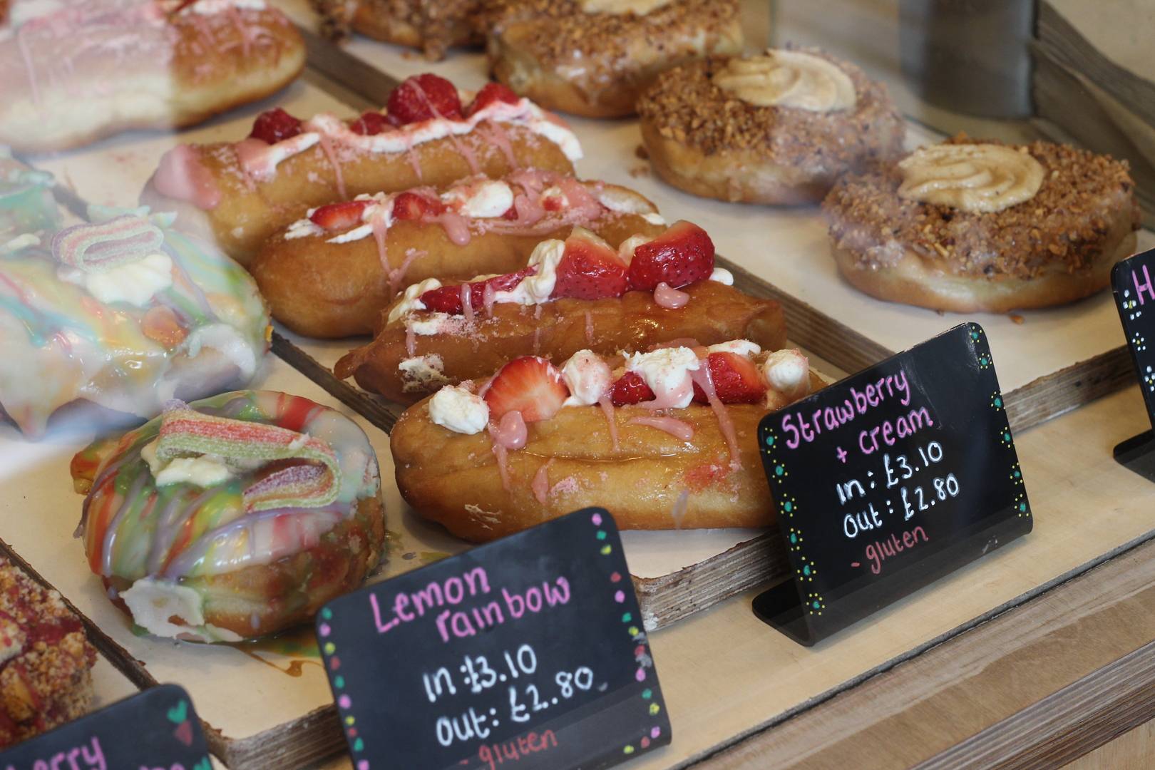Image of donut display behind glass