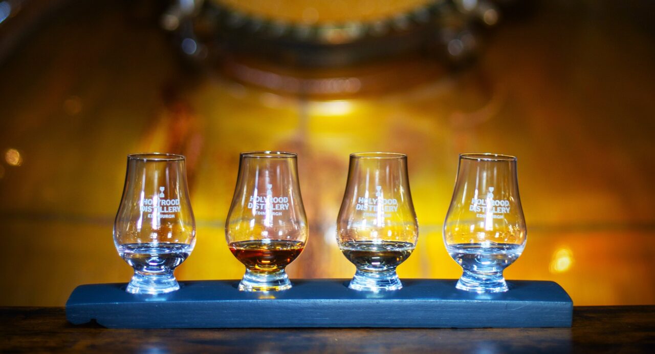 Glasses set up for tasting event at Holyrood Distillery