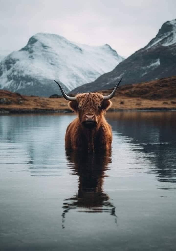 Highland cow standing in water with mountains in background