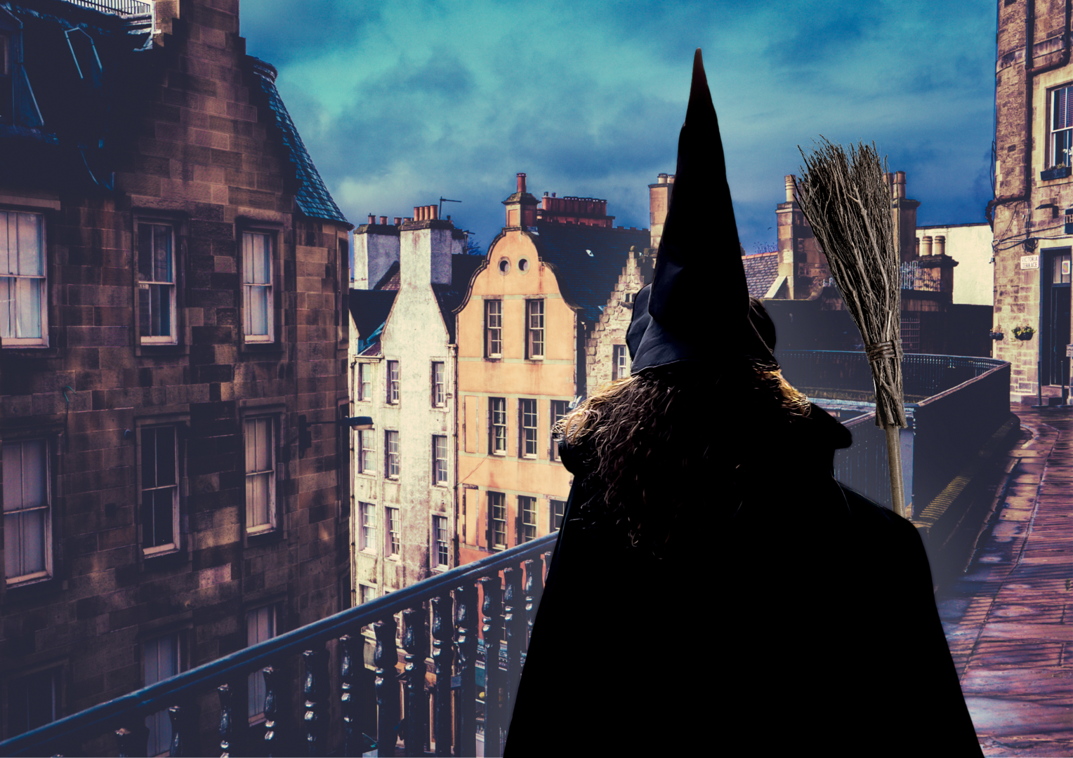 A witch with black pointy hat and broom stick looking towards the old town medieval buildings of Edinburgh., Enthral Group Ltd.