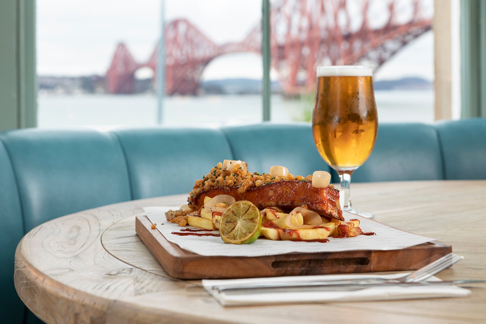 Food and Drink at Thirty Knots Bar and Restaurant with Forth Bridge in background.