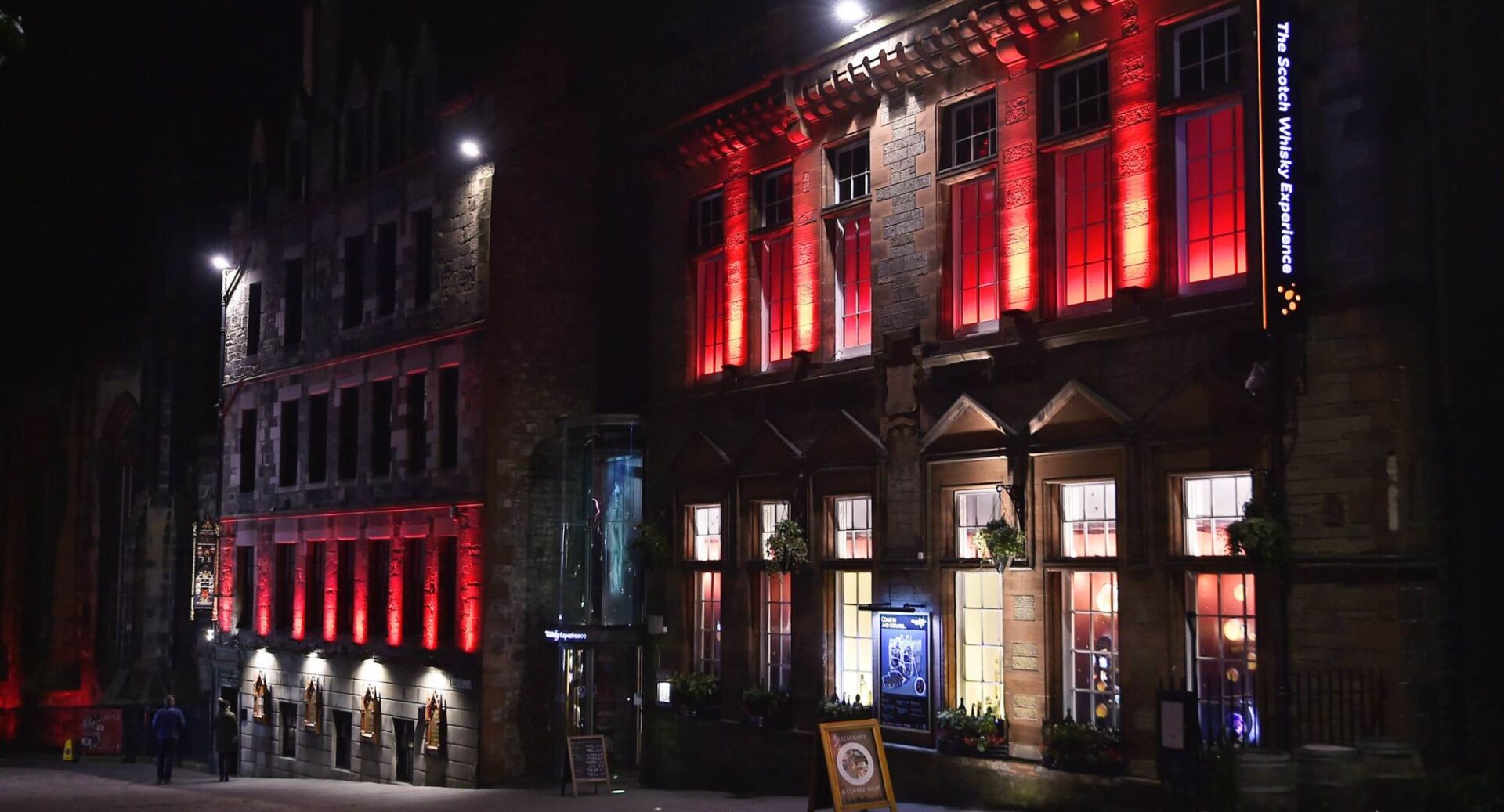 The Scotch Whisky Experience exterior lit up in red for Chinese New Year