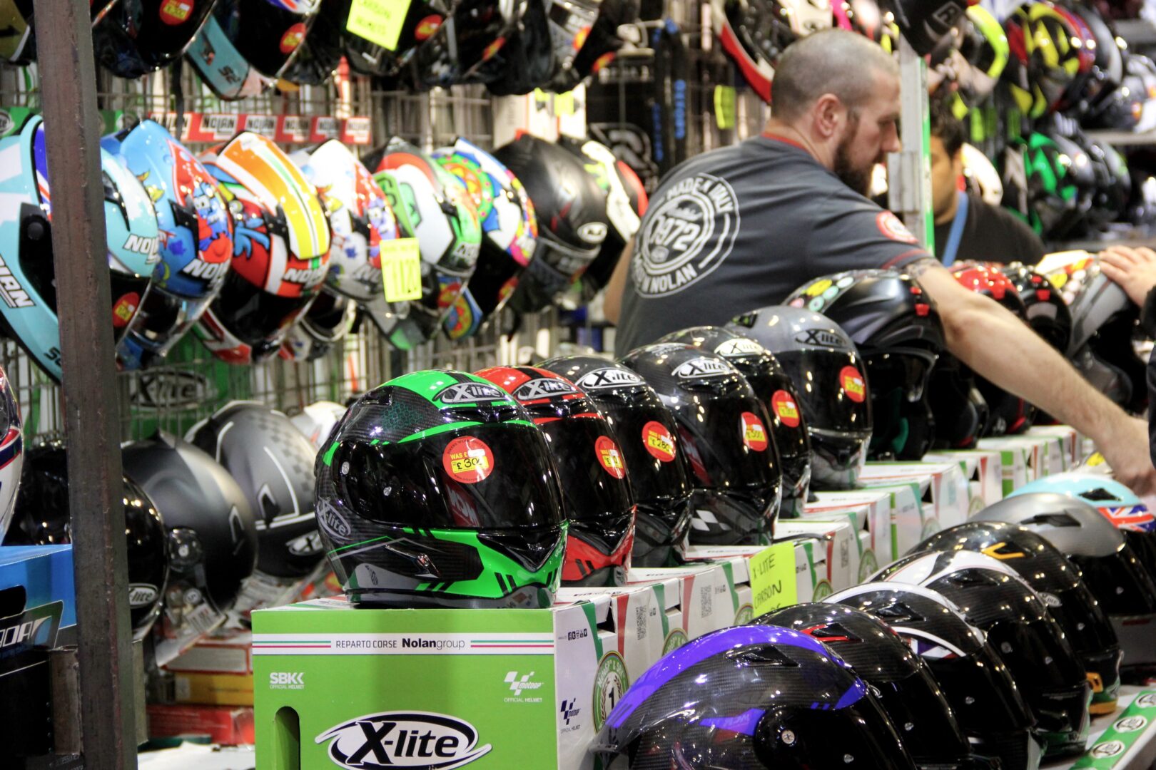 Motorcycle Helmets for sale on Exhibition stand at the Scottish Motor Cycle show.