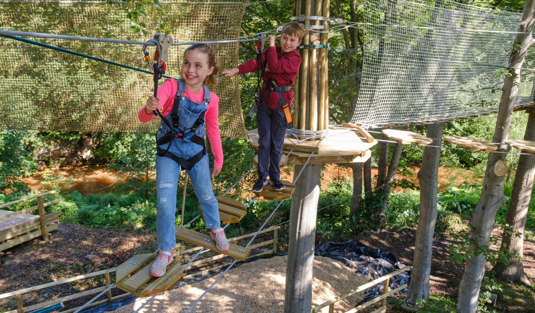 Girl and Boy on Go Ape tree rope course