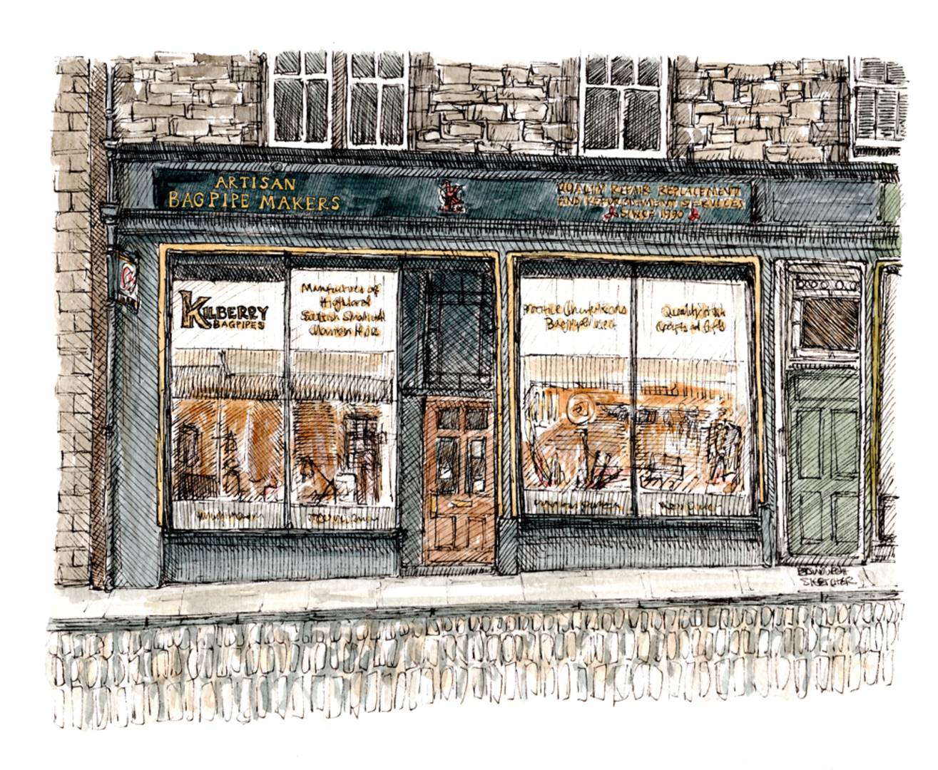Kilberry Bagpipes St Marys Street Store by Edinburgh Sketcher,© Gordon Nicolson Kiltmakers