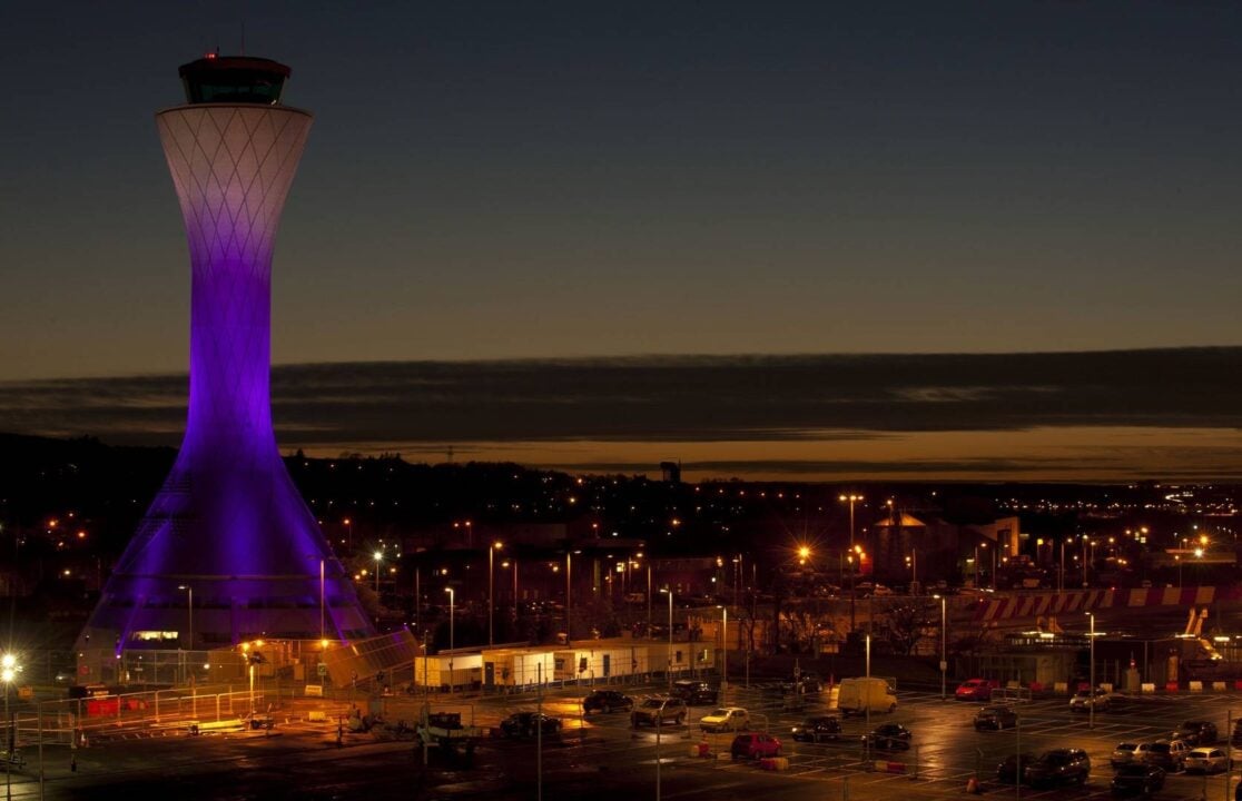 Edinburgh Airport Tower at night lit up in Purple,©Edinburgh Airport