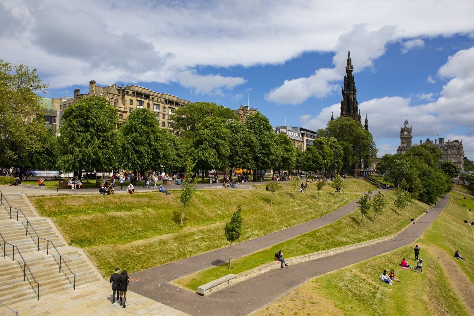 Scott Monument with Princes Street gardens on a sunny day