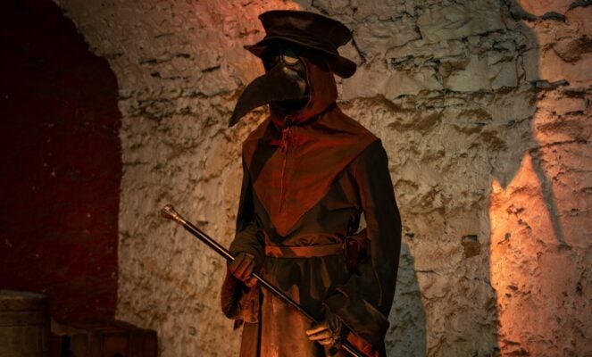 Tour Guide dressed in plague doctor outfit for the medical tour at The Real Mary Kings Close