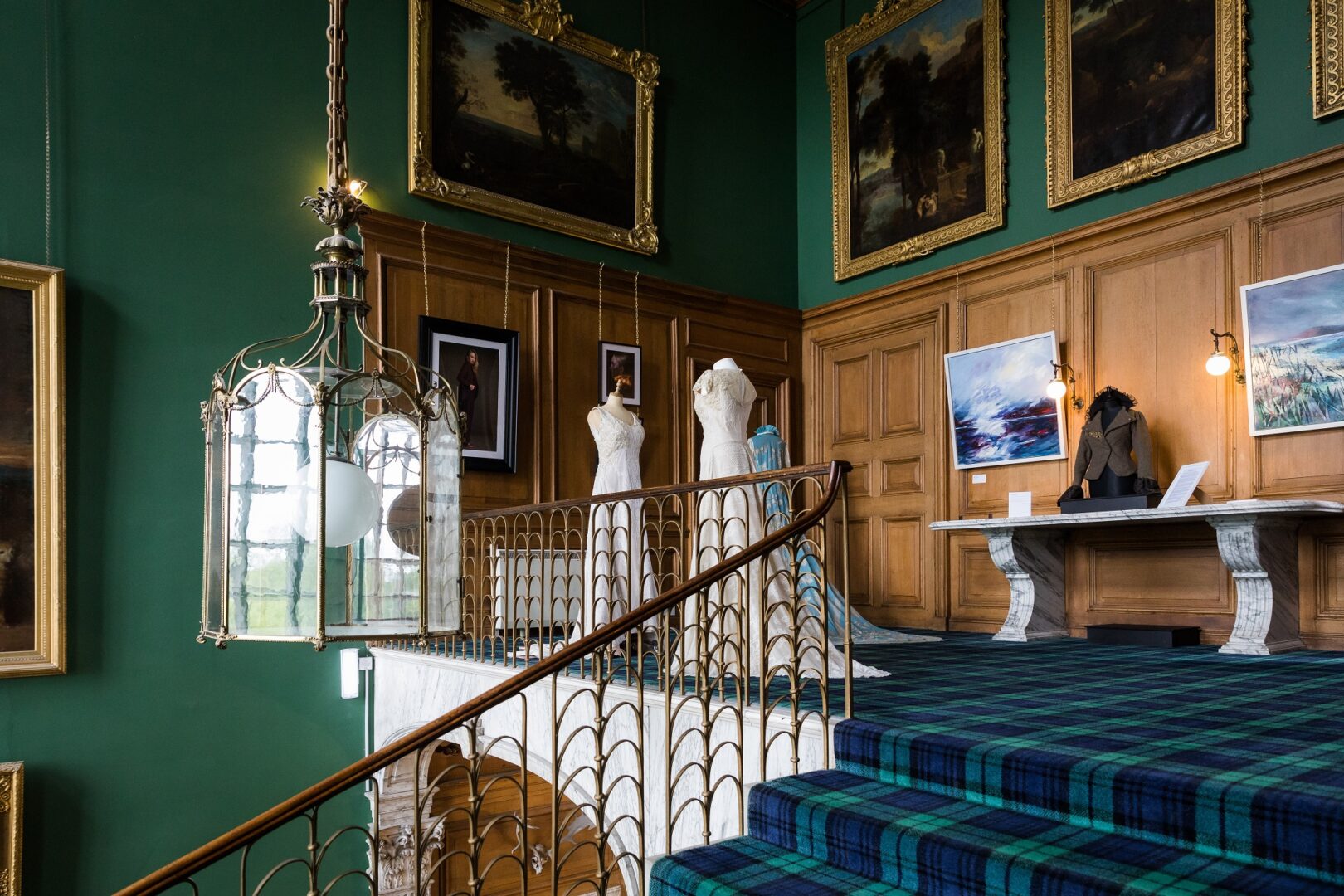 The Grand Staircase Landing area at Dalkeith Palace set up with Inception Art Show Exhibits.
