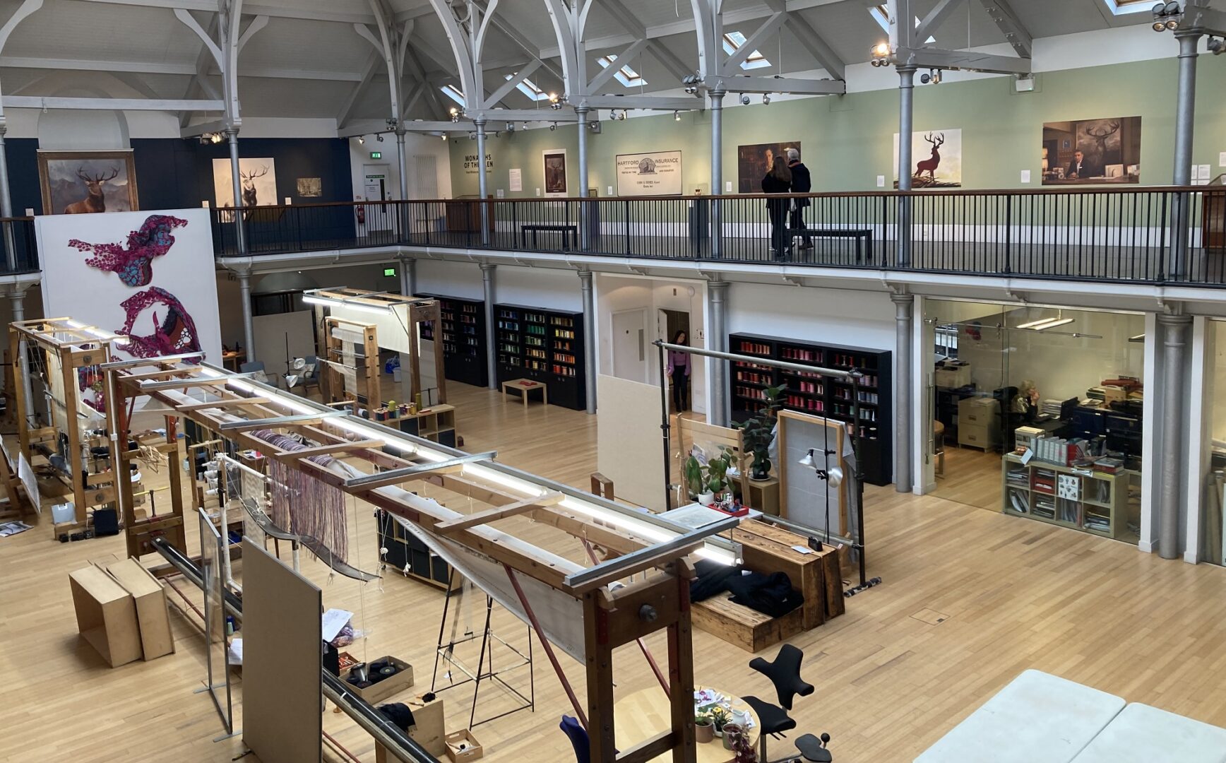 Dovecot studios with tapestry creation area below and Monarch of the Glen exhibition at top of gallery