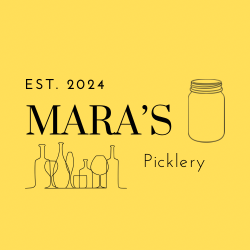 A logo on a yellow background. The writing reads Mara's Picklery Established 2024. There is an image of a glass jar and a second image featuring an outline of glass bottles and glassware