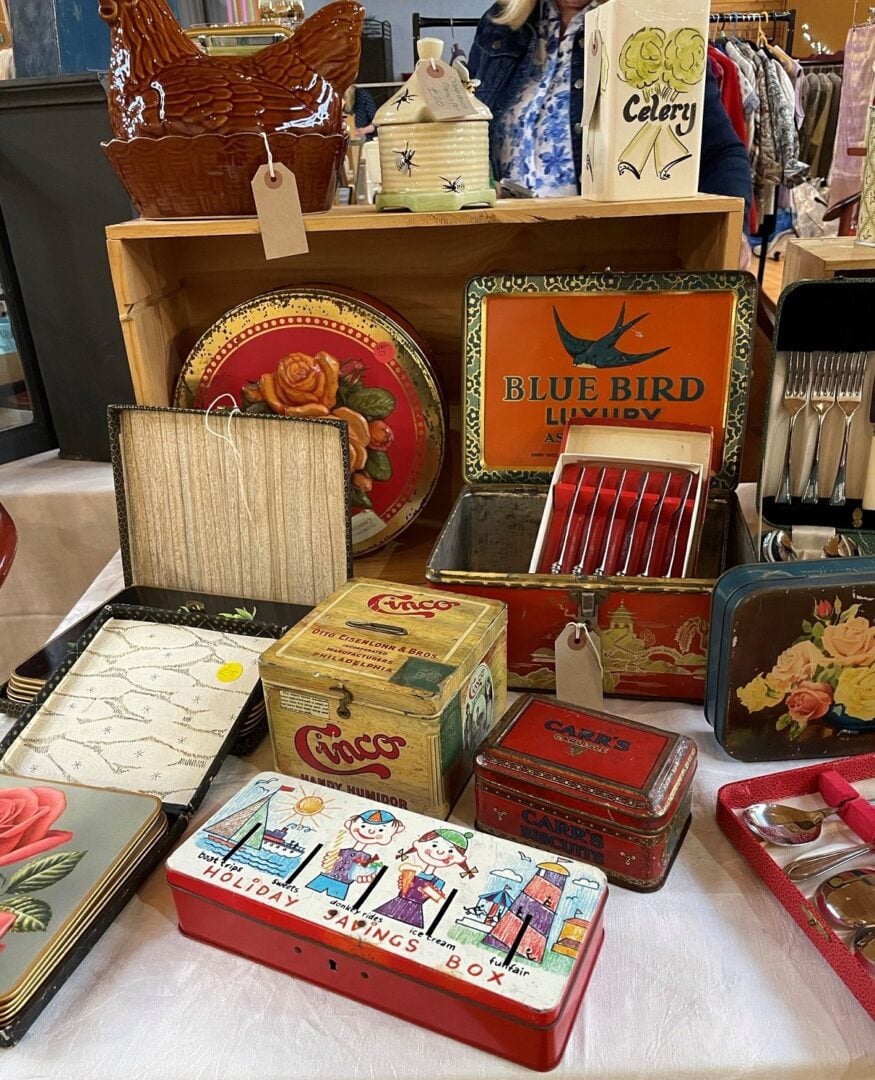 Vintage tins on display at the Spoonful of Vintage fair