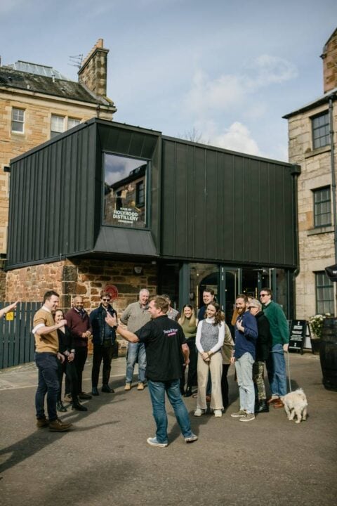 Gin Cocktail Tour outside Holyrood Distillery with Tour Guide and people on the tour.,© Cameron Ritchie