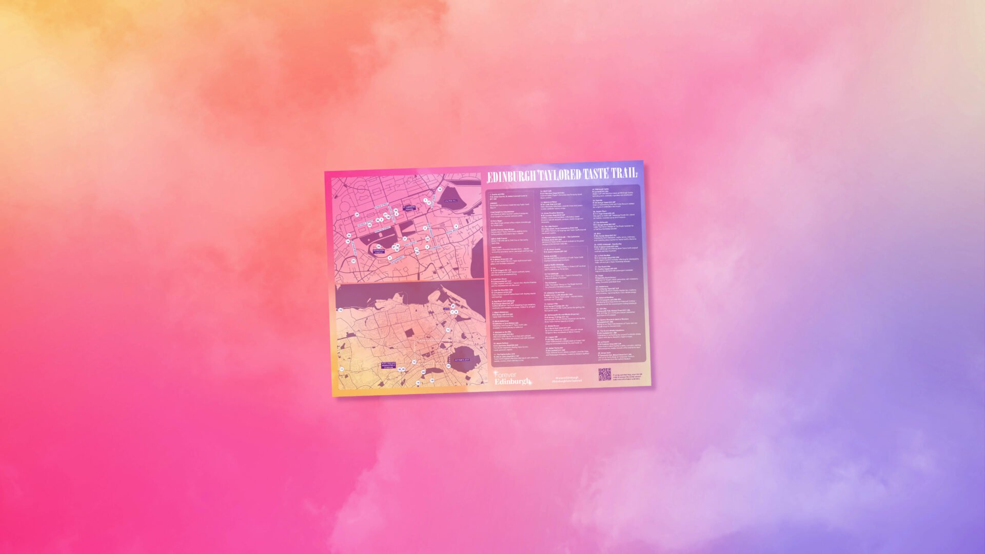 A picture of a map of food locations on the Taylor Swift Taste Trail on a gold, pink and purple background