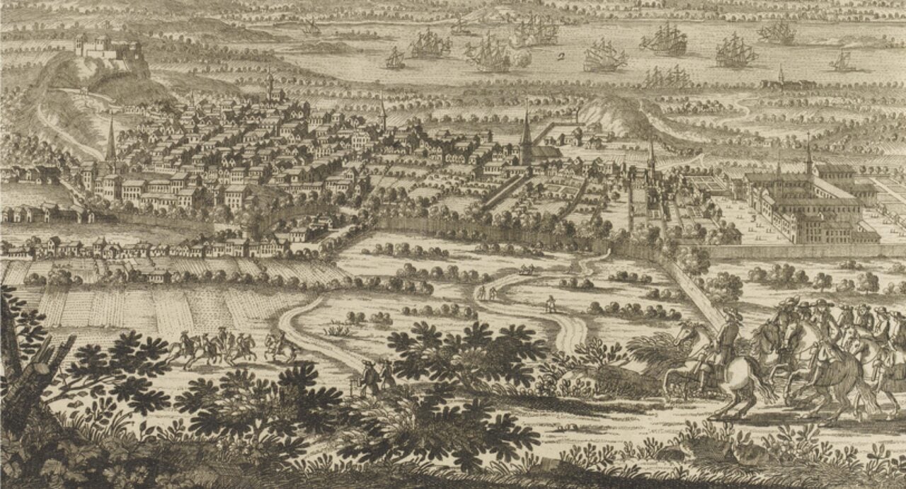 A 1650 French etching of Edinburgh showing the castle, some buildings, ships on the Forth, but mostly trees