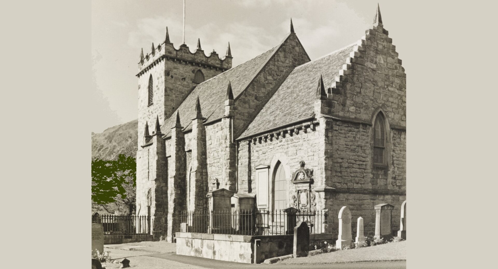 An exterior black and white image of Duddingston Kirk