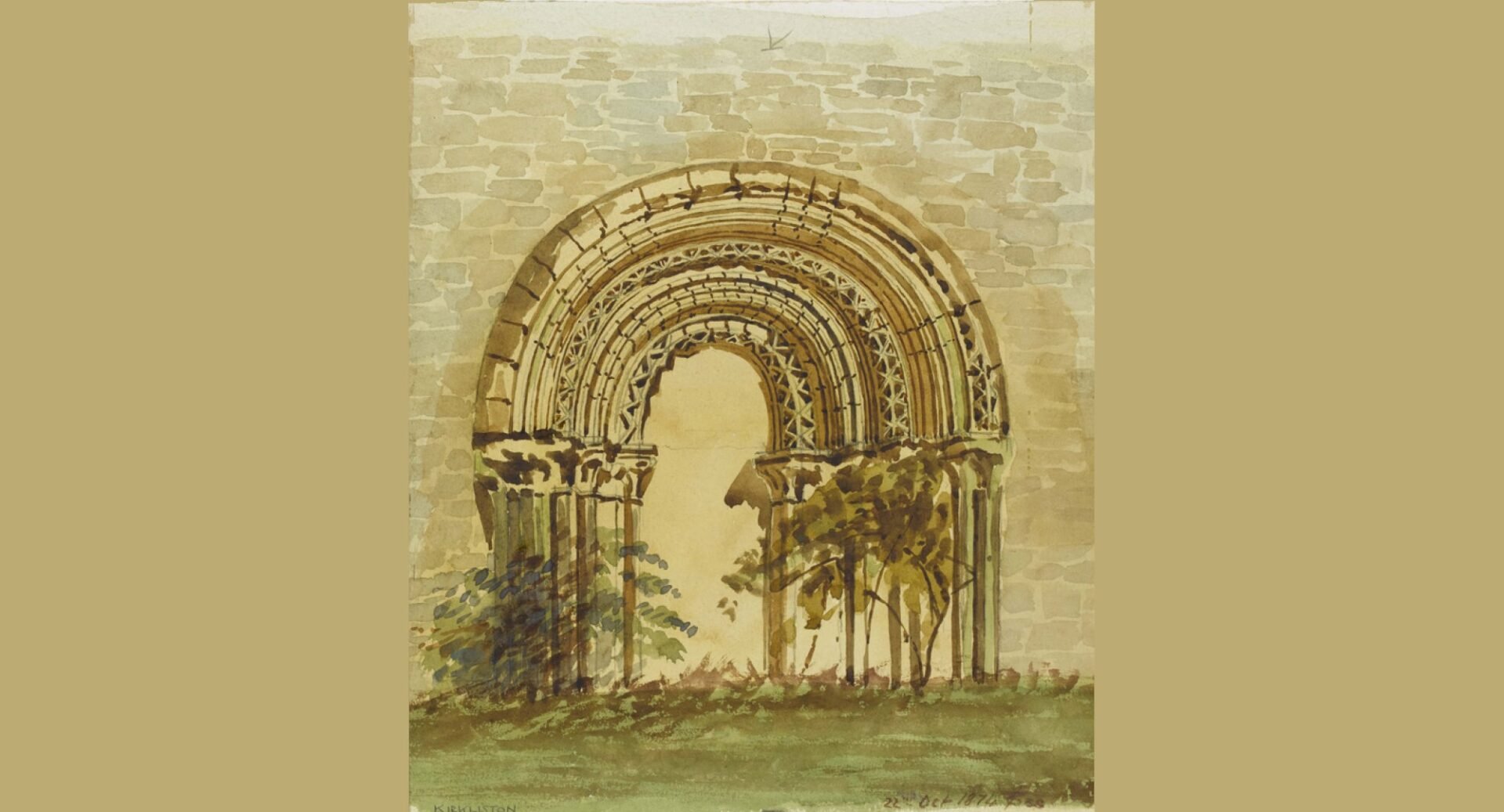 A watercolour of an archway at Kirkliston Church, Edinburgh. The arch is heavily carved and is set into a stone wall. Bushes and grass can be seen in front.