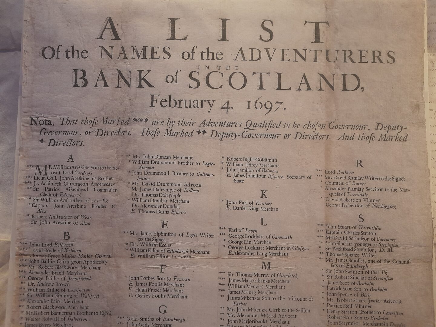 List of the Adventurers in Bank of Scotland