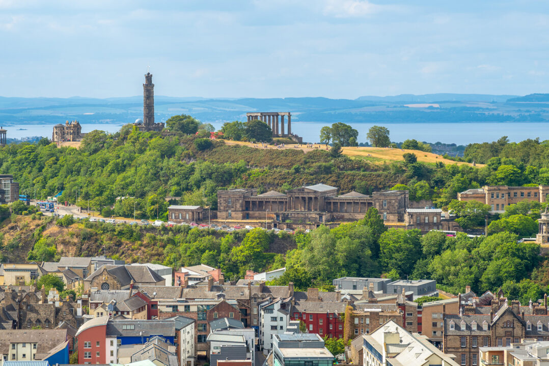 Skyline of Edinburgh with Nelson Monument and Calton Hill