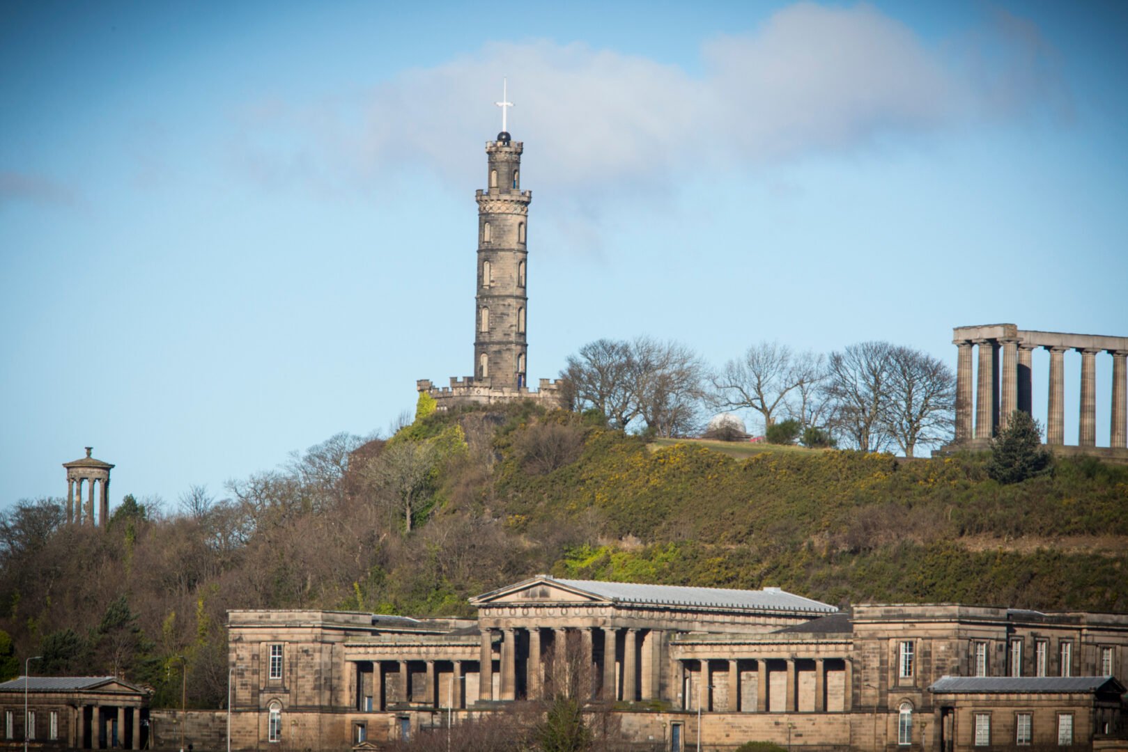 skyline Edinburgh with Nelson Monument and old Royal High School