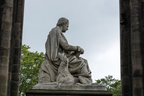 The marble statue of Sir Walter Scott at the Scott Monument in Edinburgh