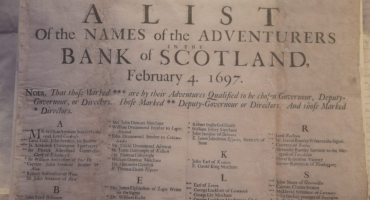 A list of the names of the adventurers in the bank of Scotland dates 04 February 1697