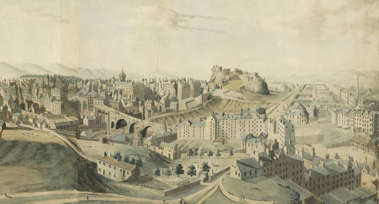 Detail from Robert and Henry Aston Barker’s Panorama of Edinburgh from Calton Hill, 1788, aquatint, hand-coloured, 1792