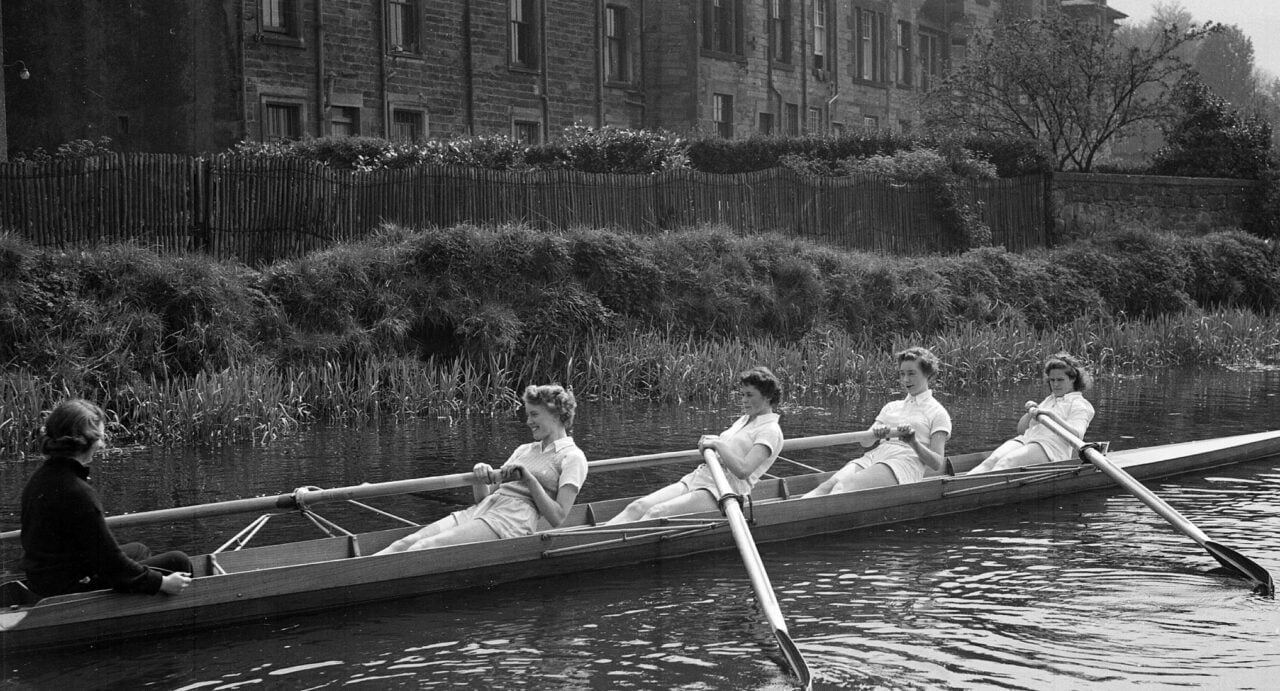 4 ladies and a cox rowing on the Union Canal