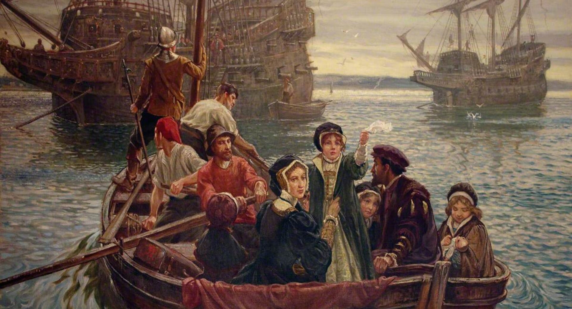 Mary Queen of Scots and her attendants in a rowing boat heading out to a larger ship in the background